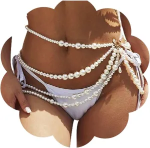 Pearl Waist Chain Pearl Body Jewelry Belly Body Chain Dress Pearl Belt Summer Beach Body Accessories, Medium, WHITE