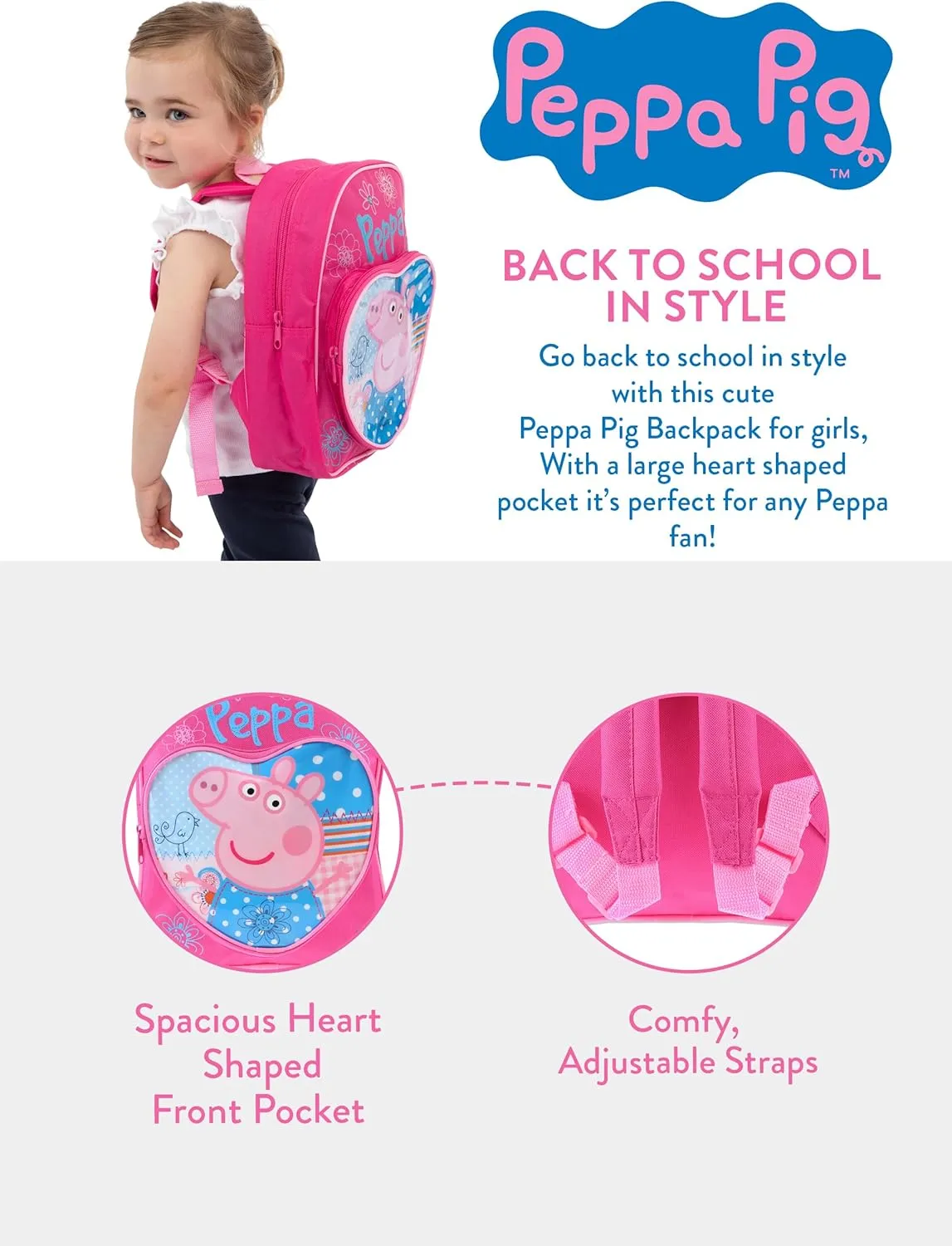 Peppa Pig Backpack | Girls Backpacks for School | Cute Bookbag for Kids | Pink