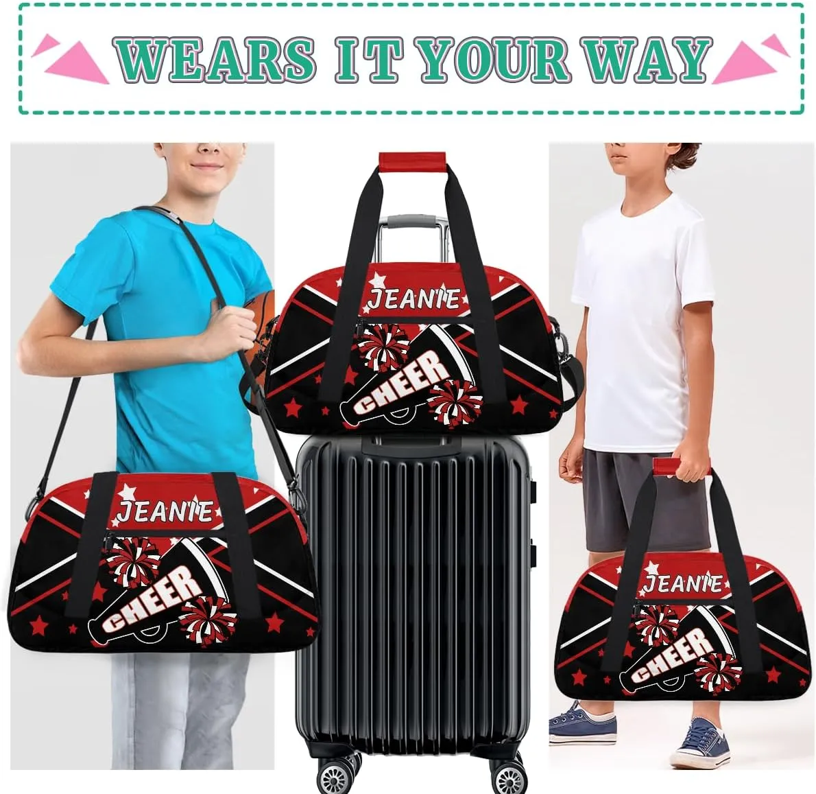 Personalize Cheer Duffel Bags with Custom Name & Text Sport Dance Gym Bags Garment Bags Gift for Girls Kids Cheerleaders Overnight Weekender Travel Red Black Star