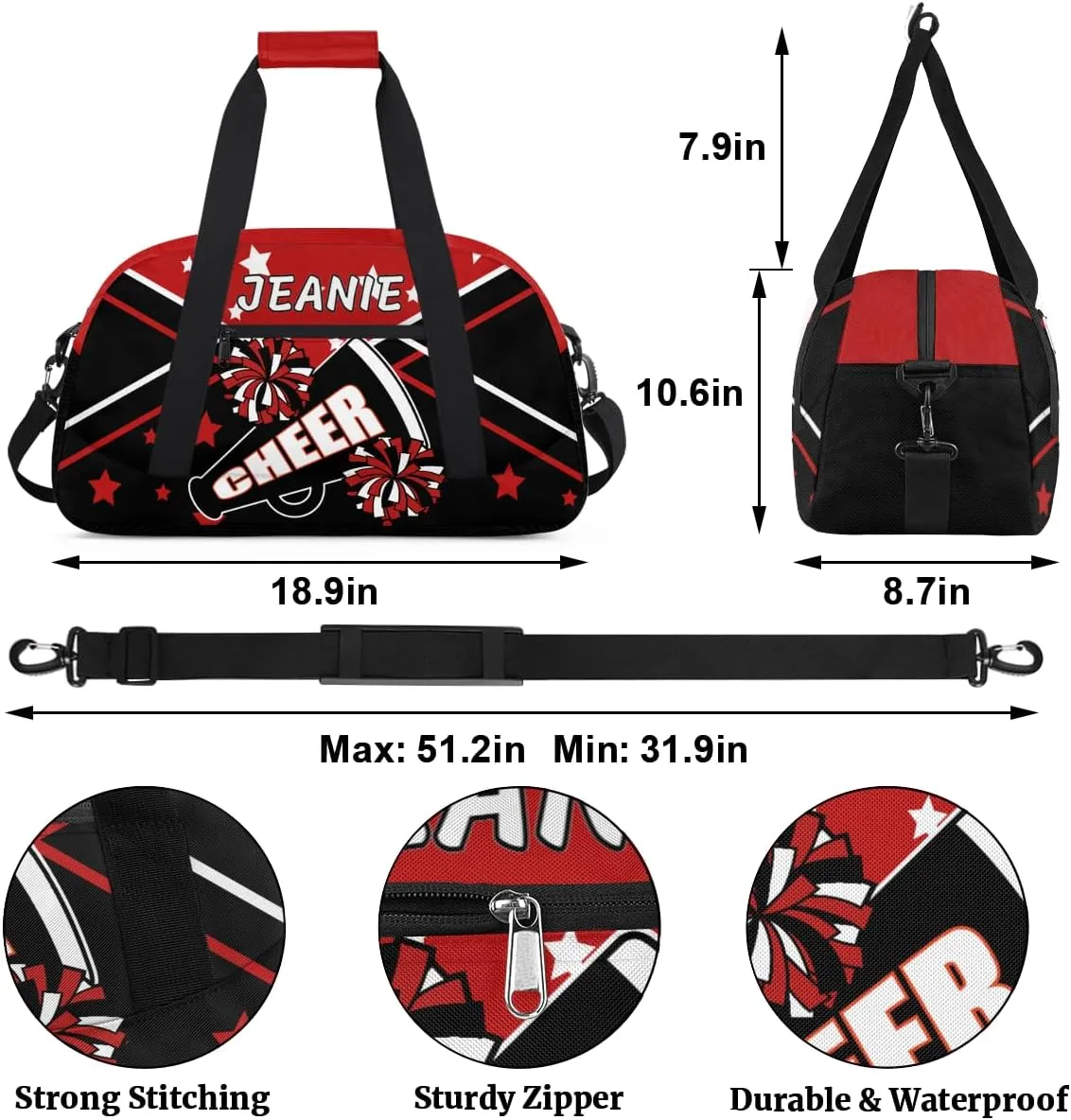 Personalize Cheer Duffel Bags with Custom Name & Text Sport Dance Gym Bags Garment Bags Gift for Girls Kids Cheerleaders Overnight Weekender Travel Red Black Star