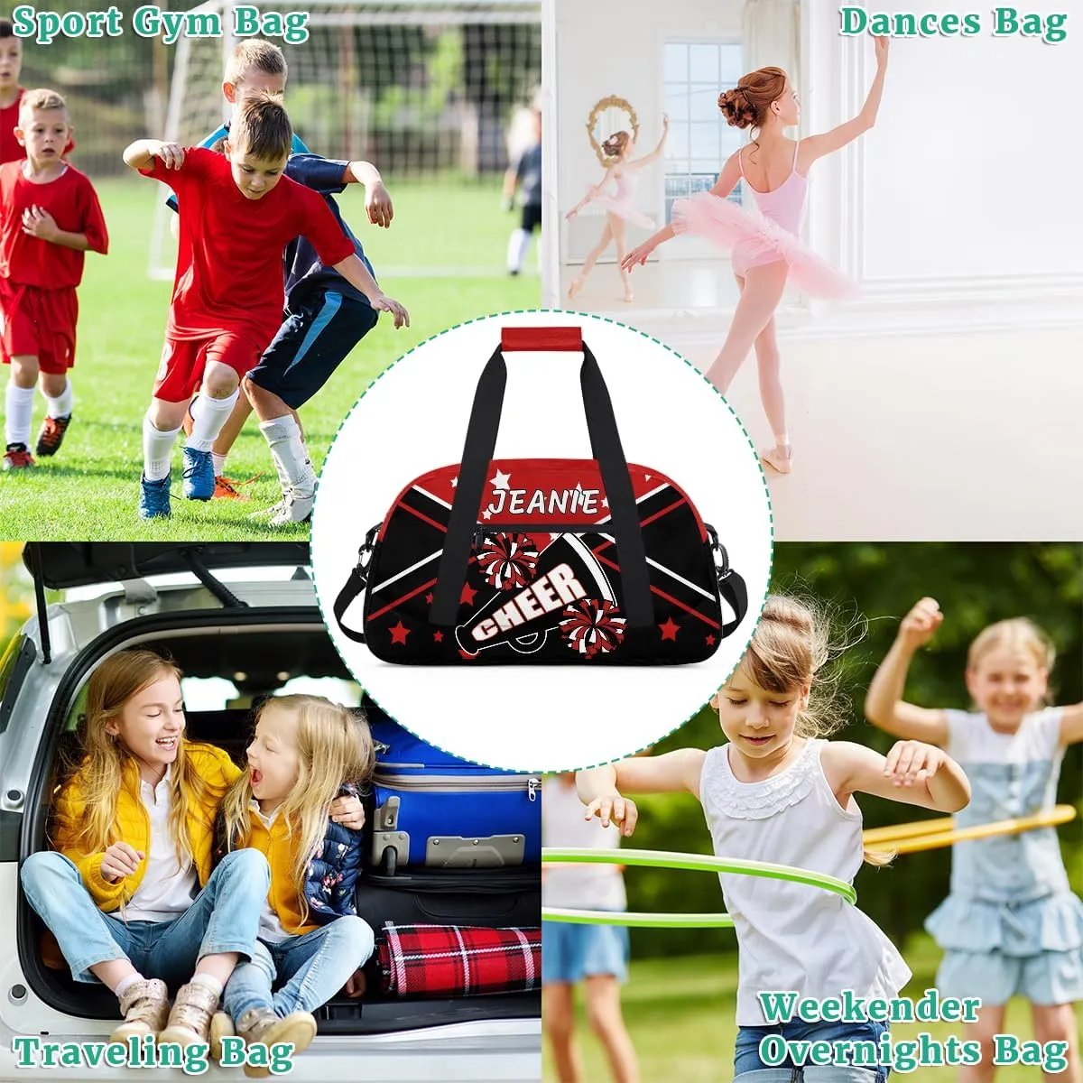 Personalize Cheer Duffel Bags with Custom Name & Text Sport Dance Gym Bags Garment Bags Gift for Girls Kids Cheerleaders Overnight Weekender Travel Red Black Star
