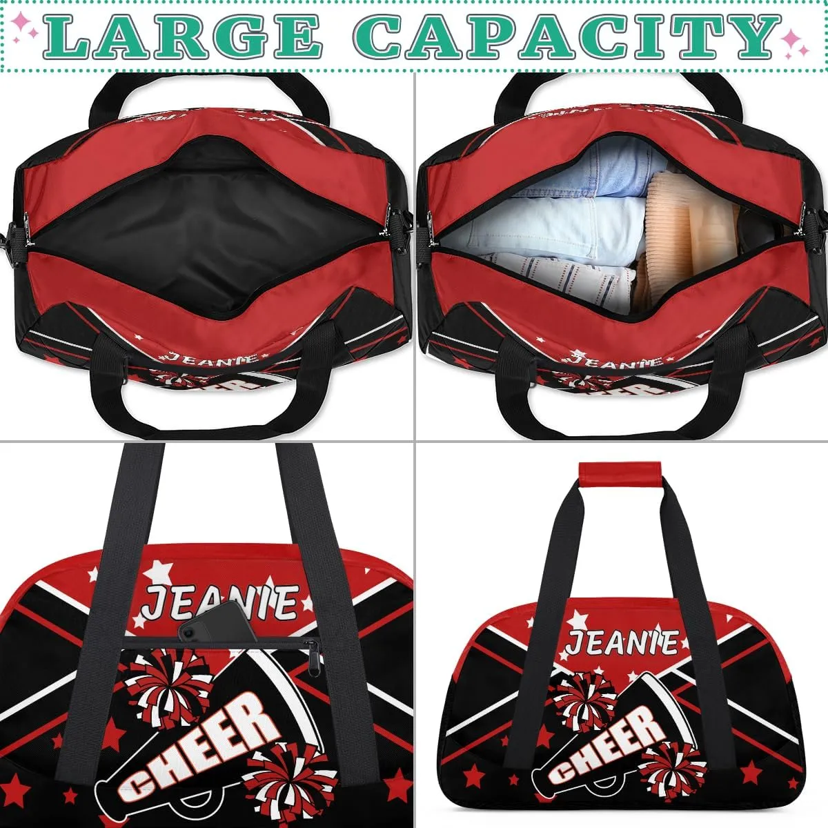 Personalize Cheer Duffel Bags with Custom Name & Text Sport Dance Gym Bags Garment Bags Gift for Girls Kids Cheerleaders Overnight Weekender Travel Red Black Star
