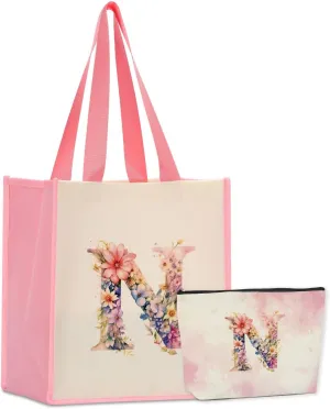 Personalized Canvas Tote & Makeup Initial Monogrammed Canvas Bag for Women - Work, Birthday, Christmas