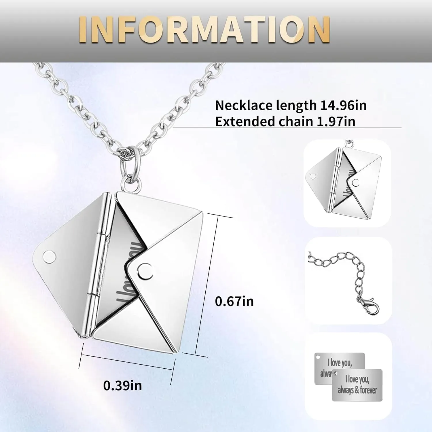 Personalized Envelope Locket Necklace for Women with Message, Custom LOVE Letter Necklace I Love You Envelope Necklace Men Jewelry Anniversary Birthday Mothers Day Gifts for Mom(Silver)
