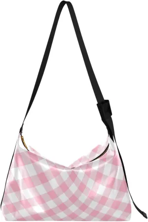 Pink Gingham Plaid Squares Tote Bag for Women Large Hobo Bags Crossbody Bag Hobo Purses with Adjustable Strap for School Women