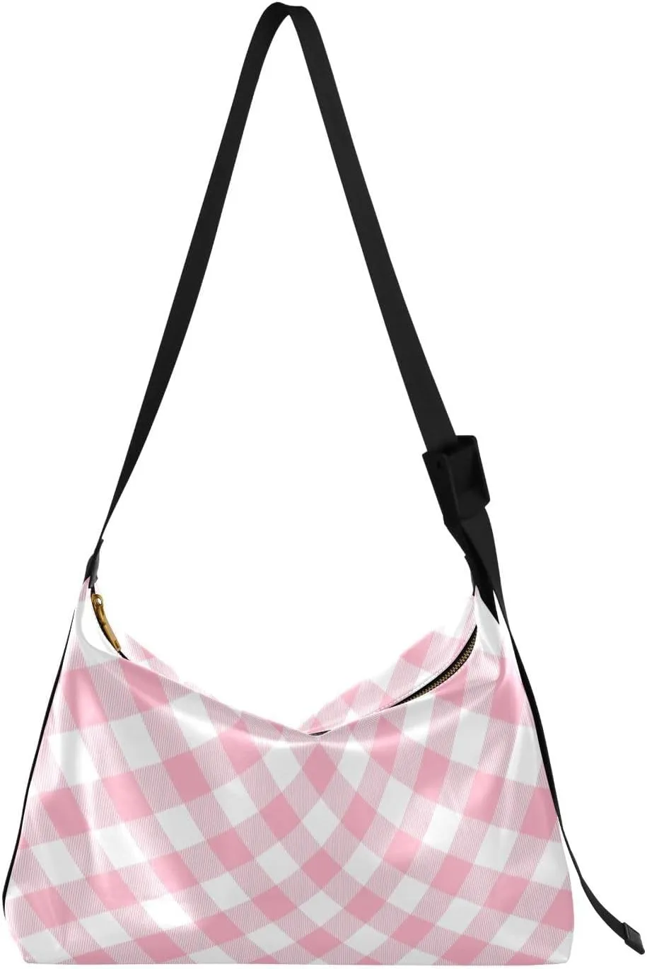 Pink Gingham Plaid Squares Tote Bag for Women Large Hobo Bags Crossbody Bag Hobo Purses with Adjustable Strap for School Women