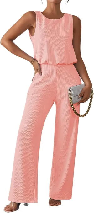 Pink Queen Women Summer Ribbed Jumpsuits Sleeveless Cut Out Back Wide Leg Rompers Outfits