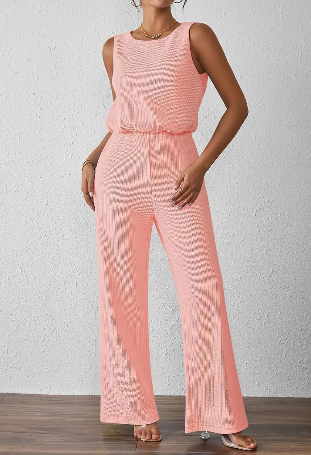Pink Queen Women Summer Ribbed Jumpsuits Sleeveless Cut Out Back Wide Leg Rompers Outfits