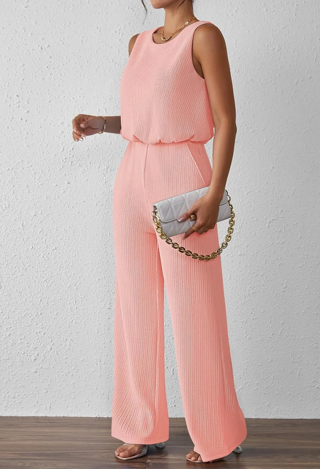 Pink Queen Women Summer Ribbed Jumpsuits Sleeveless Cut Out Back Wide Leg Rompers Outfits