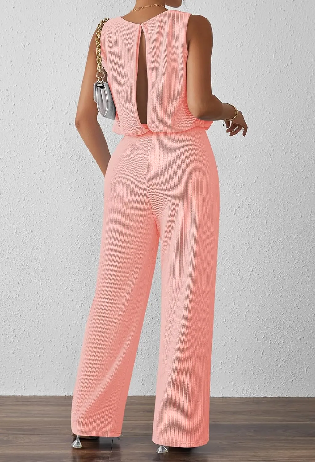 Pink Queen Women Summer Ribbed Jumpsuits Sleeveless Cut Out Back Wide Leg Rompers Outfits