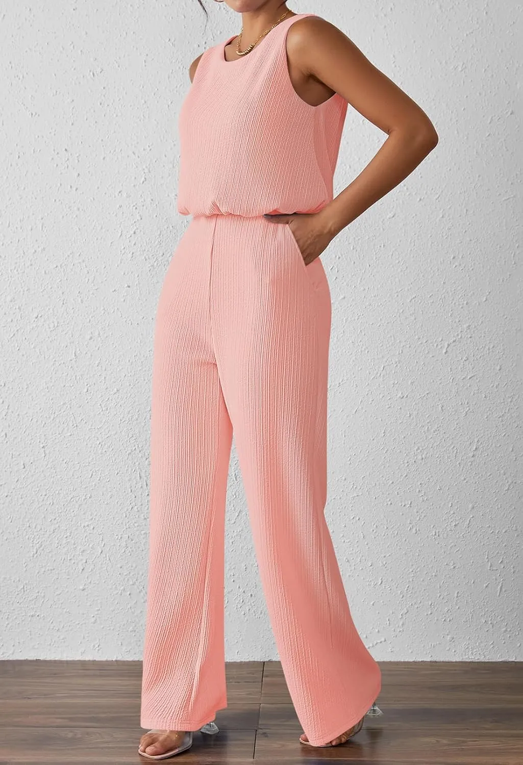 Pink Queen Women Summer Ribbed Jumpsuits Sleeveless Cut Out Back Wide Leg Rompers Outfits