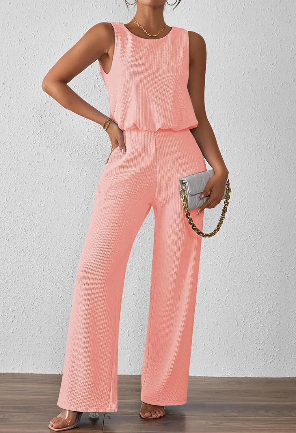 Pink Queen Women Summer Ribbed Jumpsuits Sleeveless Cut Out Back Wide Leg Rompers Outfits