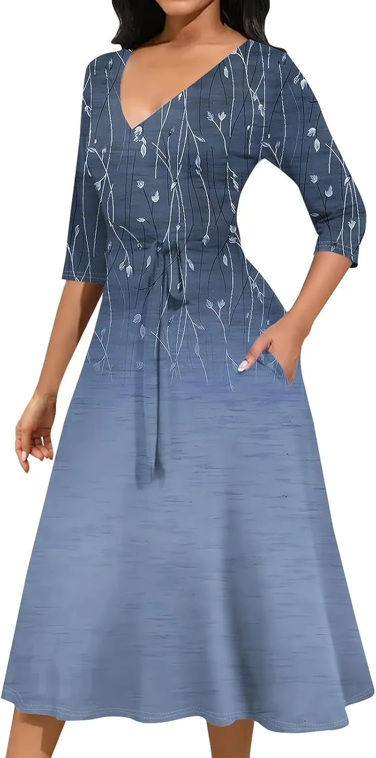 Plus Size Dress for Women 3/4 Sleeve V Neck Flowy Swing Midi Dress Floral Print Cocktail Party Dresses with Belt