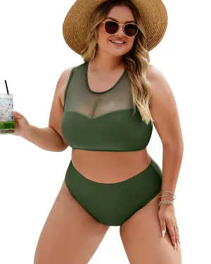 Plus Size Swimsuit for Women 2 Piece High Waisted Bikini Set Mesh Tummy Control Bathing Suits Modest Swim Suit