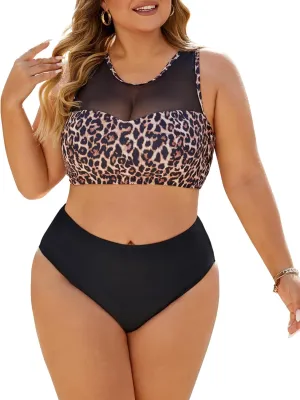 Plus Size Swimsuit for Women 2 Piece High Waisted Bikini Set Mesh Tummy Control Bathing Suits Modest Swim Suit