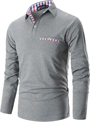 Polo Shirts for Men Long Sleeve Casual Fit Plaid Collar T-Shirts