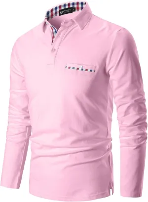 Polo Shirts for Men Long Sleeve Casual Fit Plaid Collar T-Shirts
