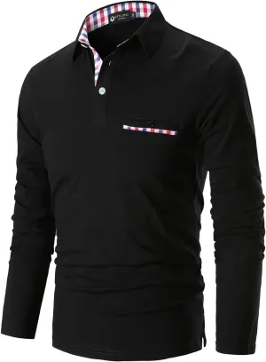 Polo Shirts for Men Long Sleeve Casual Fit Plaid Collar T-Shirts