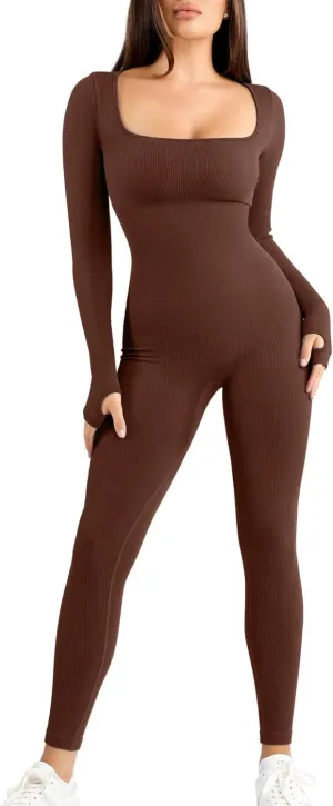 Popilush Jumpsuits for Women Long Sleeve Built-In Bra Square Neck Full Length Leggings Bodycon Stretch Workout Outfits