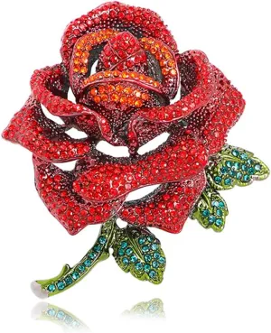 Premium Rose Flower Brooch for Women Red Blue Rhinestone Crystal Rose Brooch Big Flower Lapel Pin Clothing Hat Bag Accessories Wedding Valentine's Day Christmas Jewelry