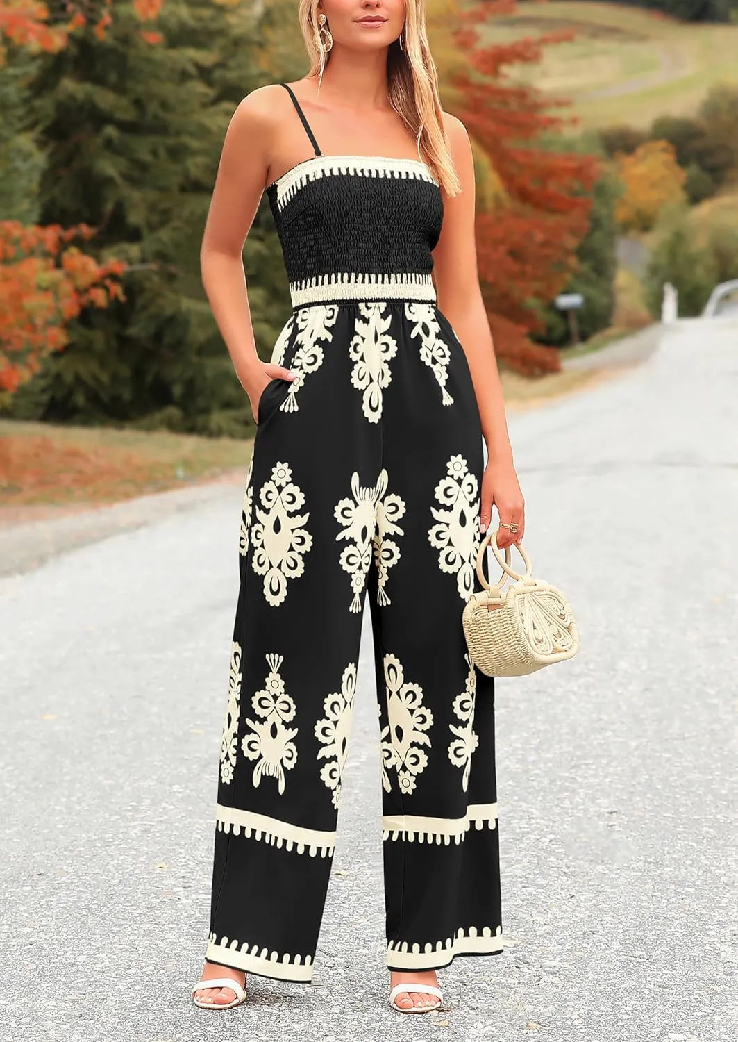 PRETTYGARDEN Jumpsuits for Women 2025 Summer One Piece Beach Vacation Outfits Spaghetti Strap Wide Leg Pants Rompers