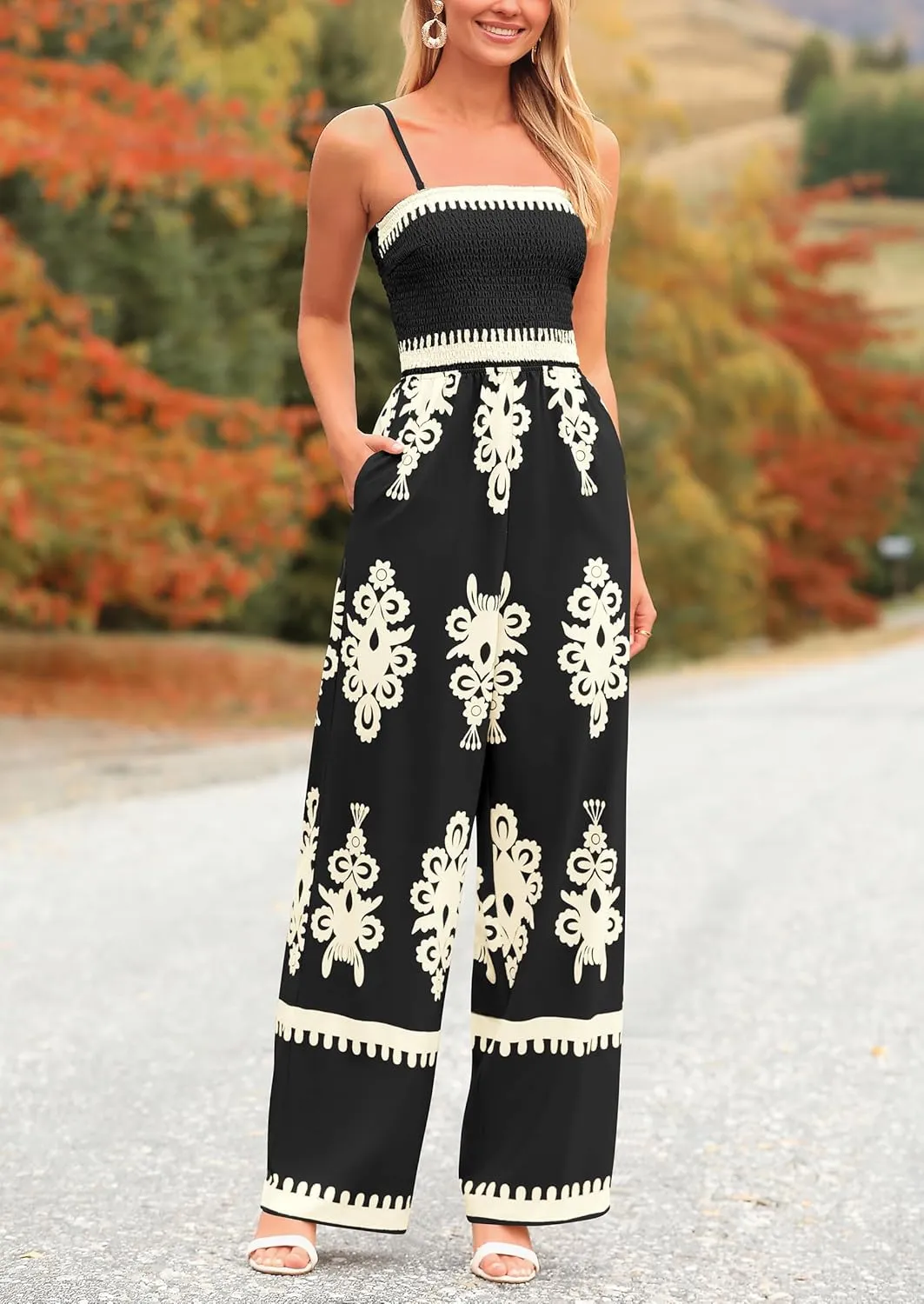 PRETTYGARDEN Jumpsuits for Women 2025 Summer One Piece Beach Vacation Outfits Spaghetti Strap Wide Leg Pants Rompers