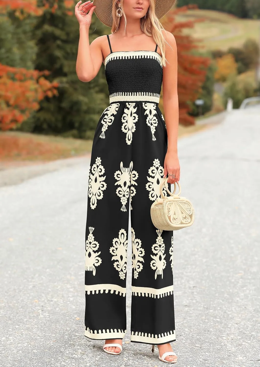 PRETTYGARDEN Jumpsuits for Women 2025 Summer One Piece Beach Vacation Outfits Spaghetti Strap Wide Leg Pants Rompers