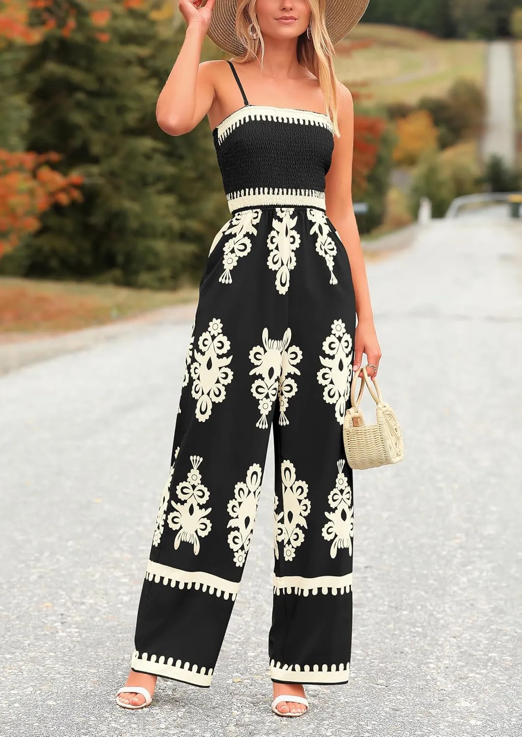 PRETTYGARDEN Jumpsuits for Women 2025 Summer One Piece Beach Vacation Outfits Spaghetti Strap Wide Leg Pants Rompers