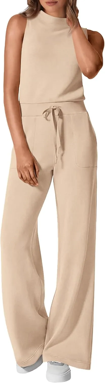 PRETTYGARDEN Jumpsuits for Women Dressy 2025 Summer One Piece Outfits Casual Sleeveless Mock Neck Wide Leg Pants Rompers