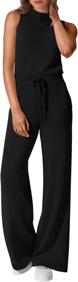 PRETTYGARDEN Jumpsuits for Women Dressy 2025 Summer One Piece Outfits Casual Sleeveless Mock Neck Wide Leg Pants Rompers