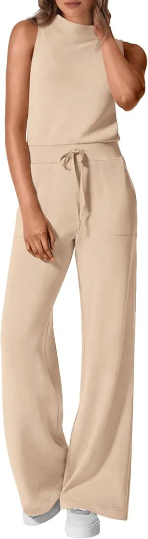 PRETTYGARDEN Jumpsuits for Women Dressy 2025 Summer One Piece Outfits Casual Sleeveless Mock Neck Wide Leg Pants Rompers