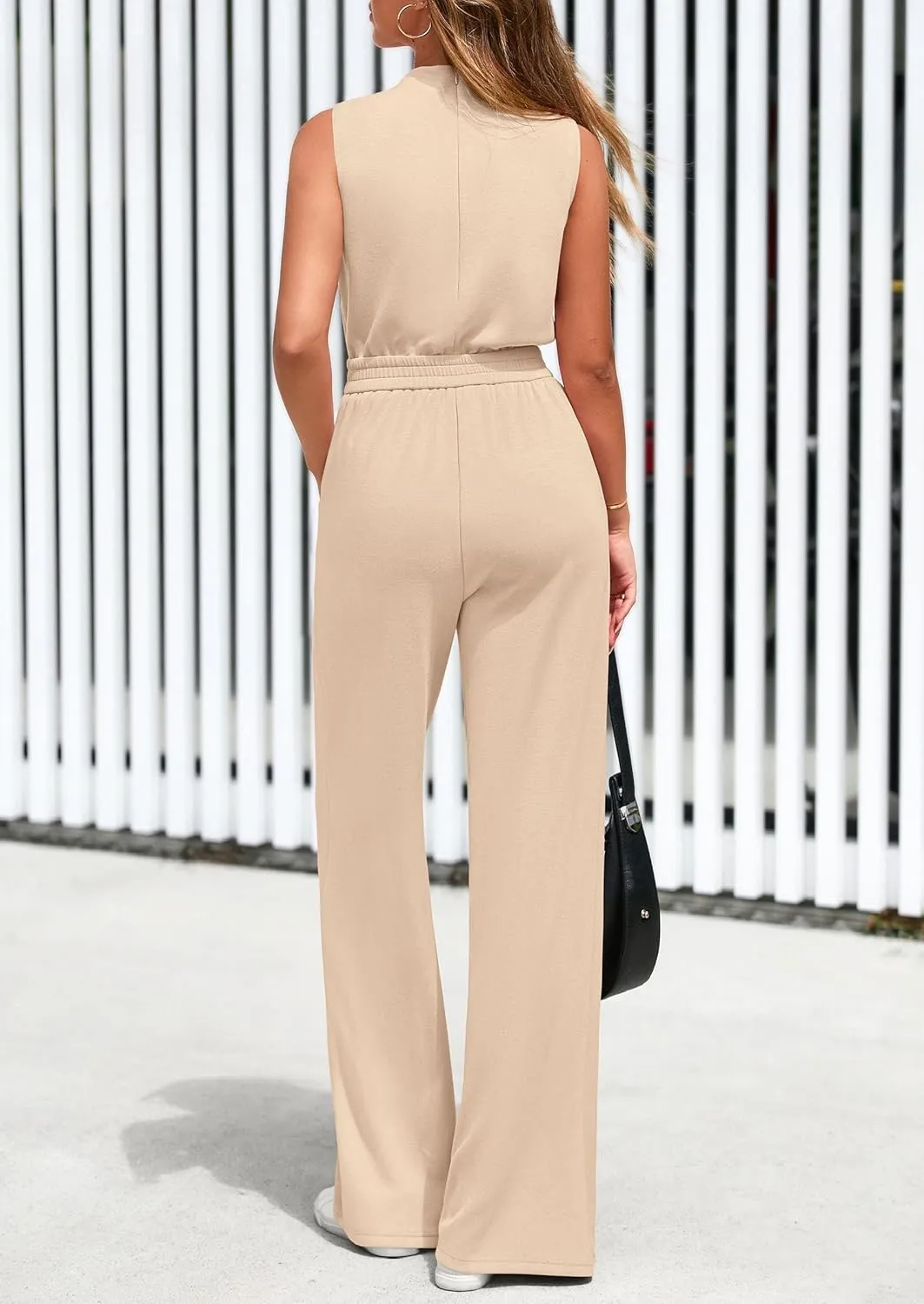 PRETTYGARDEN Jumpsuits for Women Dressy 2025 Summer One Piece Outfits Casual Sleeveless Mock Neck Wide Leg Pants Rompers