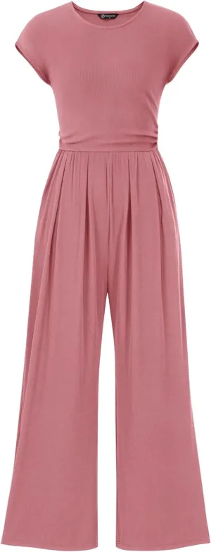 PRETTYGARDEN Summer Jumpsuits for Women Dressy 2025 Ribbed Cap Sleeve Wide Leg Pants Rompers Elegant Casual One Piece Outfits