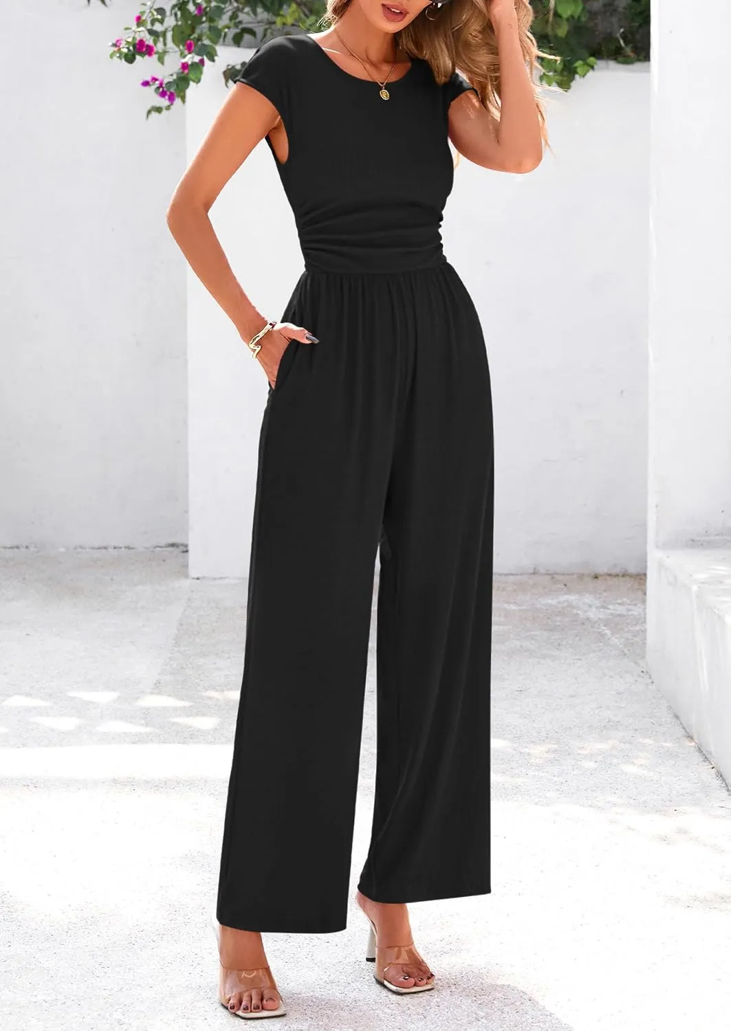 PRETTYGARDEN Summer Jumpsuits for Women Dressy 2025 Ribbed Cap Sleeve Wide Leg Pants Rompers Elegant Casual One Piece Outfits