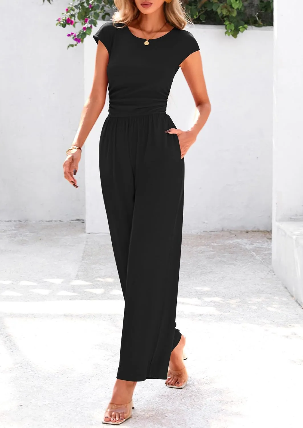 PRETTYGARDEN Summer Jumpsuits for Women Dressy 2025 Ribbed Cap Sleeve Wide Leg Pants Rompers Elegant Casual One Piece Outfits