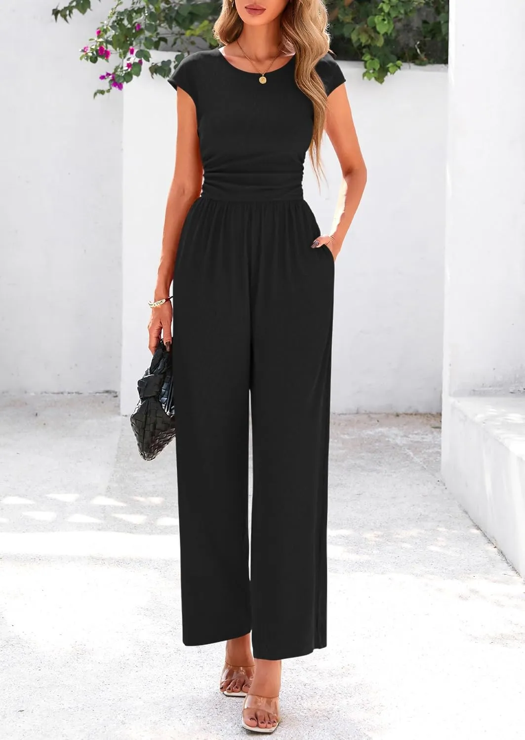 PRETTYGARDEN Summer Jumpsuits for Women Dressy 2025 Ribbed Cap Sleeve Wide Leg Pants Rompers Elegant Casual One Piece Outfits