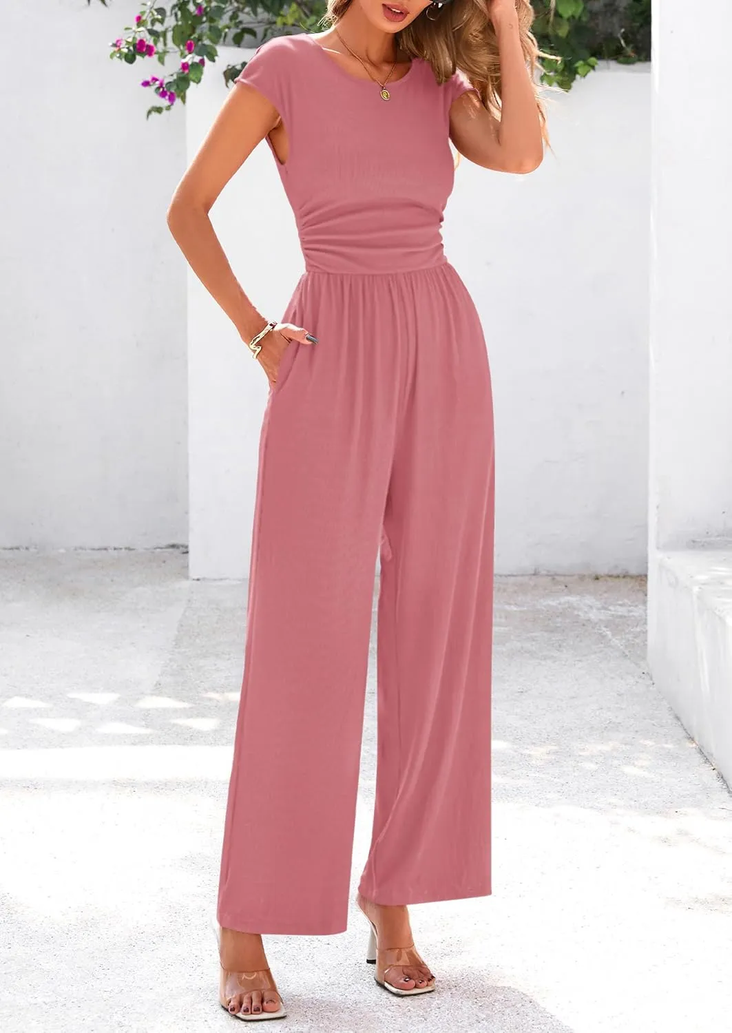 PRETTYGARDEN Summer Jumpsuits for Women Dressy 2025 Ribbed Cap Sleeve Wide Leg Pants Rompers Elegant Casual One Piece Outfits