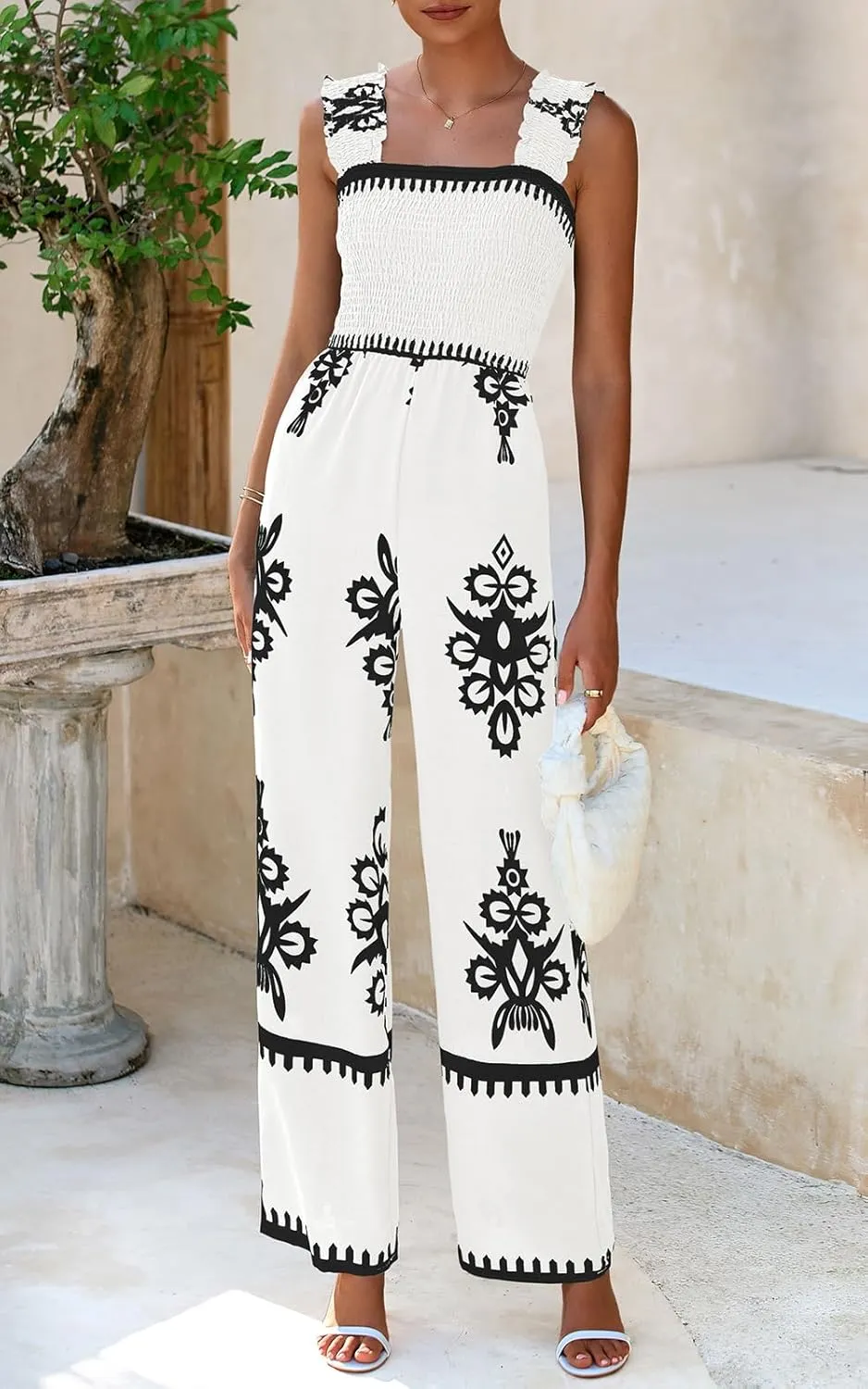PRETTYGARDEN Womens Jumpsuit Casual One Piece Boho Summer Outfits Shirred Strap Wide Leg Long Pants Rompers With Pockets