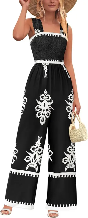 PRETTYGARDEN Womens Jumpsuit Casual One Piece Boho Summer Outfits Shirred Strap Wide Leg Long Pants Rompers With Pockets