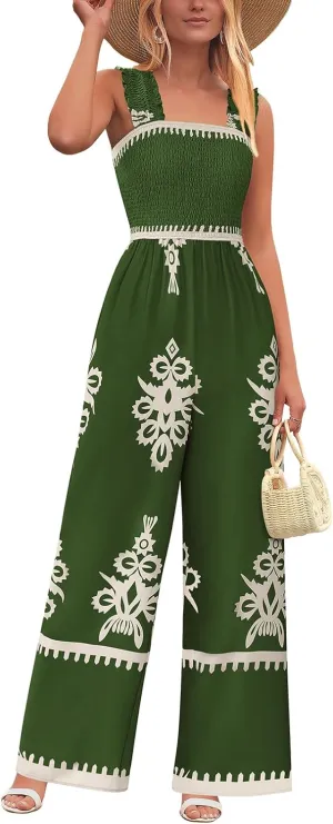 PRETTYGARDEN Womens Jumpsuit Casual One Piece Boho Summer Outfits Shirred Strap Wide Leg Long Pants Rompers With Pockets