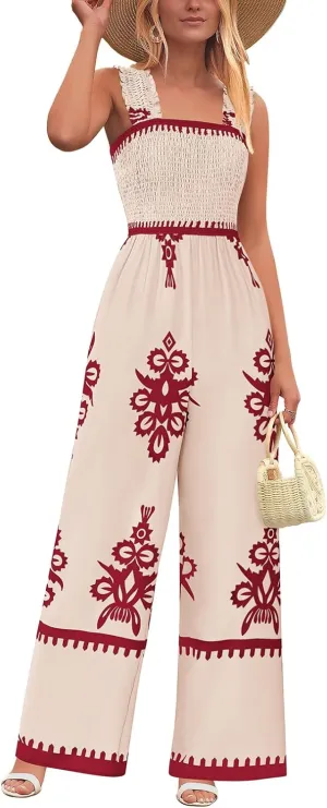 PRETTYGARDEN Womens Jumpsuit Casual One Piece Boho Summer Outfits Shirred Strap Wide Leg Long Pants Rompers With Pockets