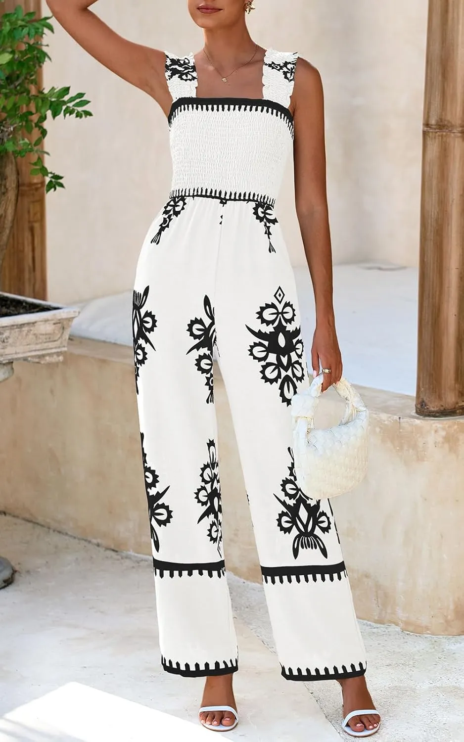 PRETTYGARDEN Womens Jumpsuit Casual One Piece Boho Summer Outfits Shirred Strap Wide Leg Long Pants Rompers With Pockets