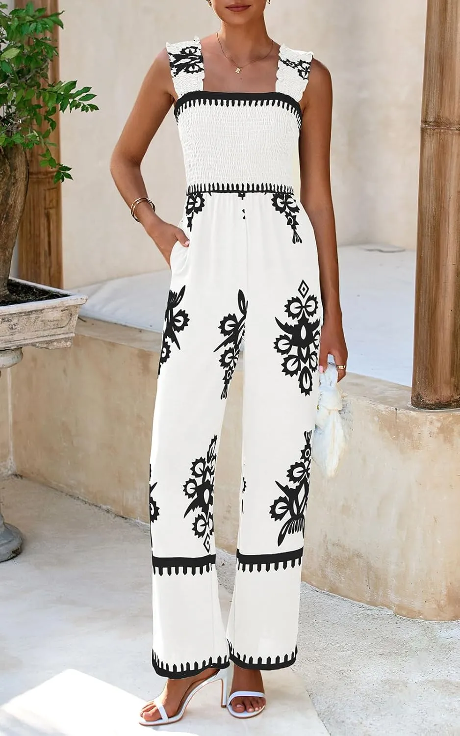 PRETTYGARDEN Womens Jumpsuit Casual One Piece Boho Summer Outfits Shirred Strap Wide Leg Long Pants Rompers With Pockets
