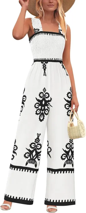 PRETTYGARDEN Womens Jumpsuit Casual One Piece Boho Summer Outfits Shirred Strap Wide Leg Long Pants Rompers With Pockets