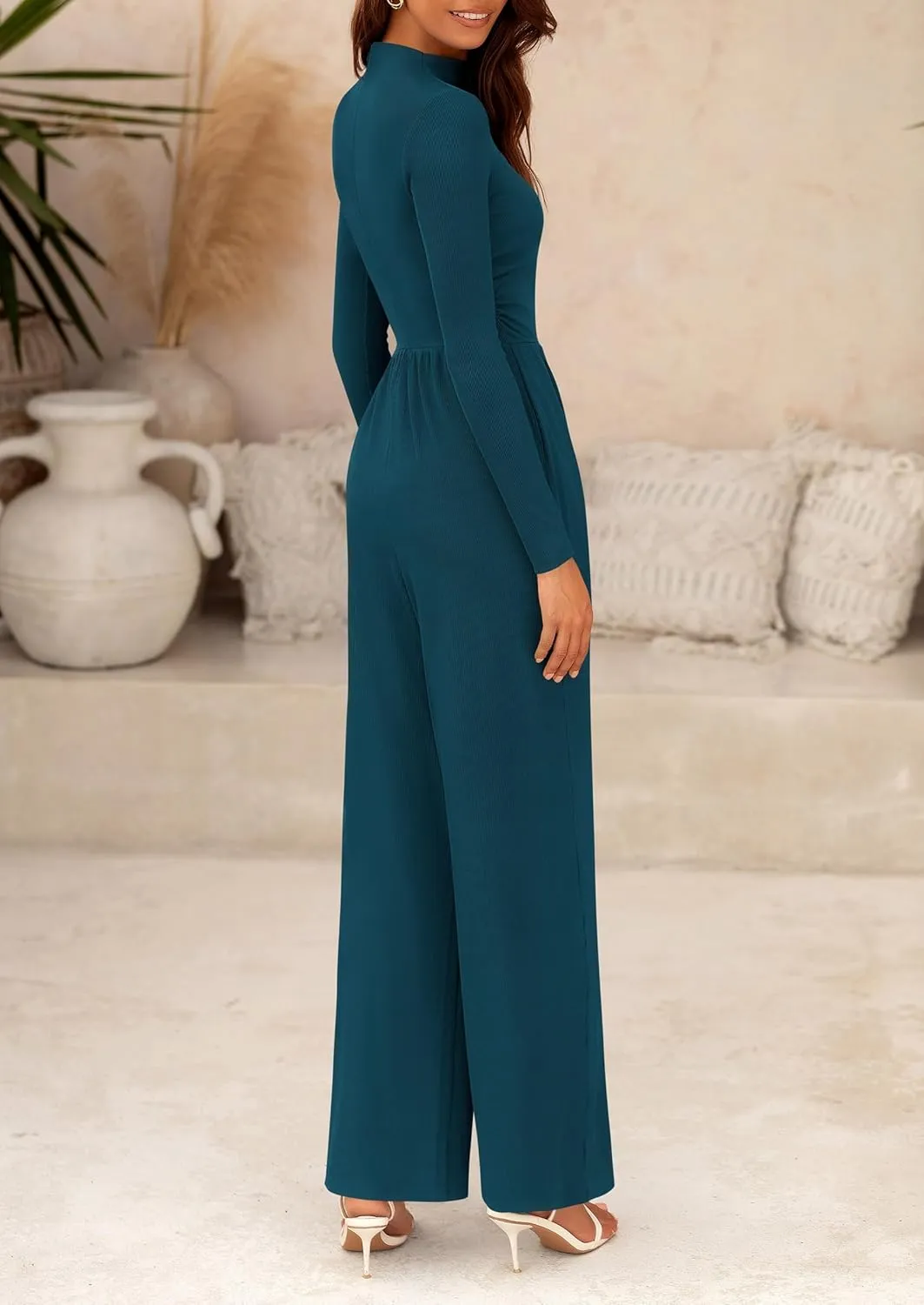 PRETTYGARDEN Womens Jumpsuit Dressy Casual Spring Fall Fashion One Piece Outfits Long Sleeve Mock Neck Wide Leg Pants Rompers