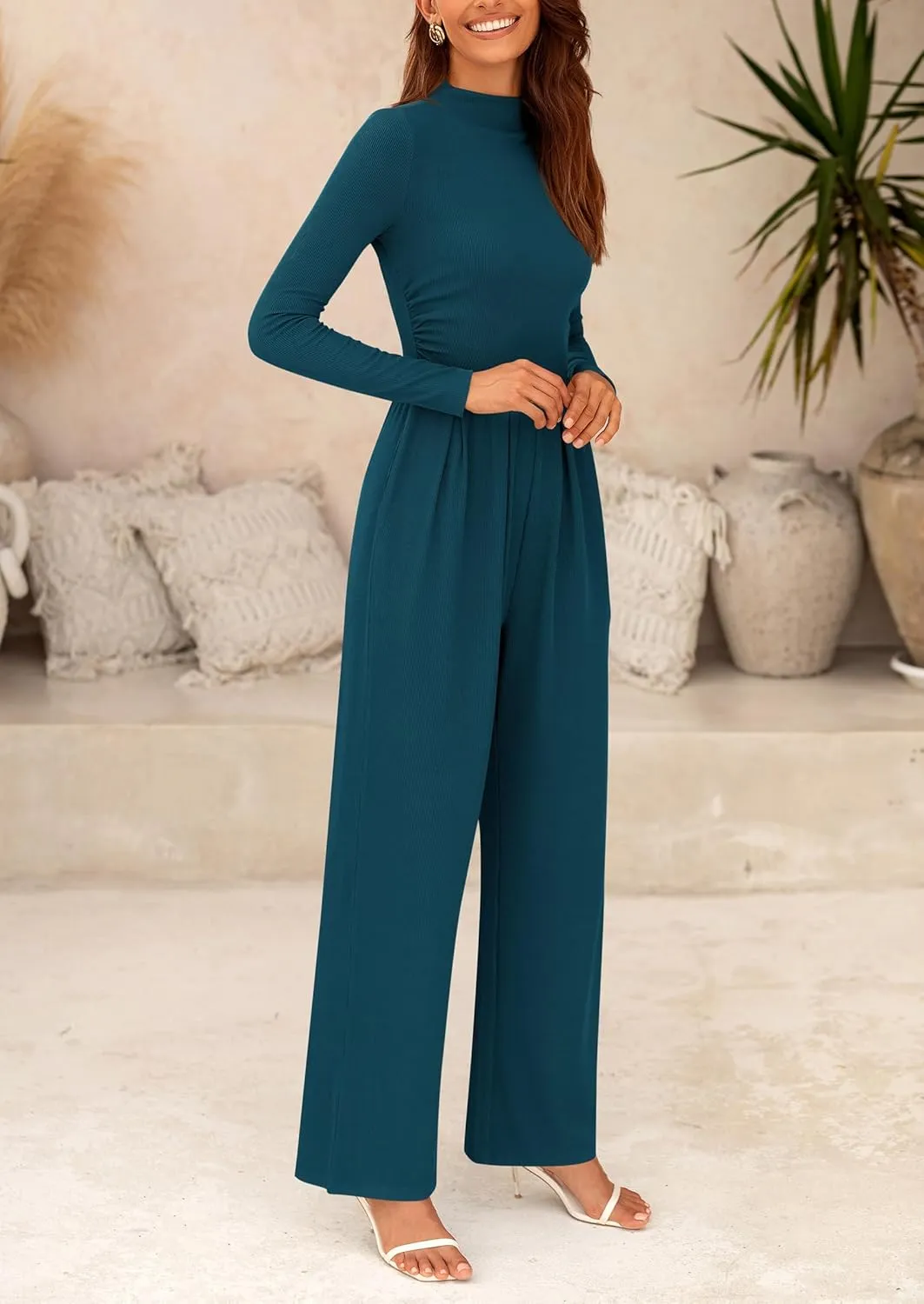 PRETTYGARDEN Womens Jumpsuit Dressy Casual Spring Fall Fashion One Piece Outfits Long Sleeve Mock Neck Wide Leg Pants Rompers