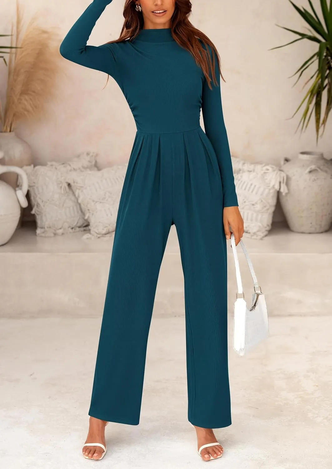 PRETTYGARDEN Womens Jumpsuit Dressy Casual Spring Fall Fashion One Piece Outfits Long Sleeve Mock Neck Wide Leg Pants Rompers