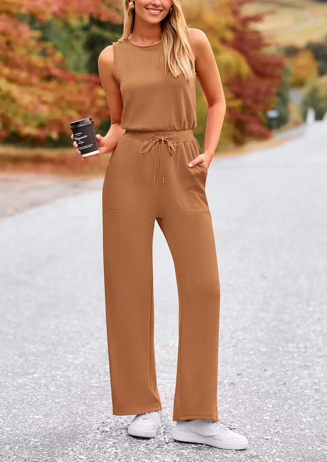 PRETTYGARDEN Womens Jumpsuits Summer Casual One Piece Outfits Sleeveless Wide Leg Long Pants Rompers