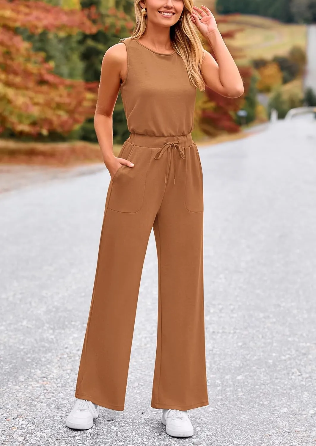 PRETTYGARDEN Womens Jumpsuits Summer Casual One Piece Outfits Sleeveless Wide Leg Long Pants Rompers