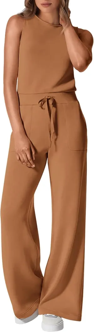 PRETTYGARDEN Womens Jumpsuits Summer Casual One Piece Outfits Sleeveless Wide Leg Long Pants Rompers